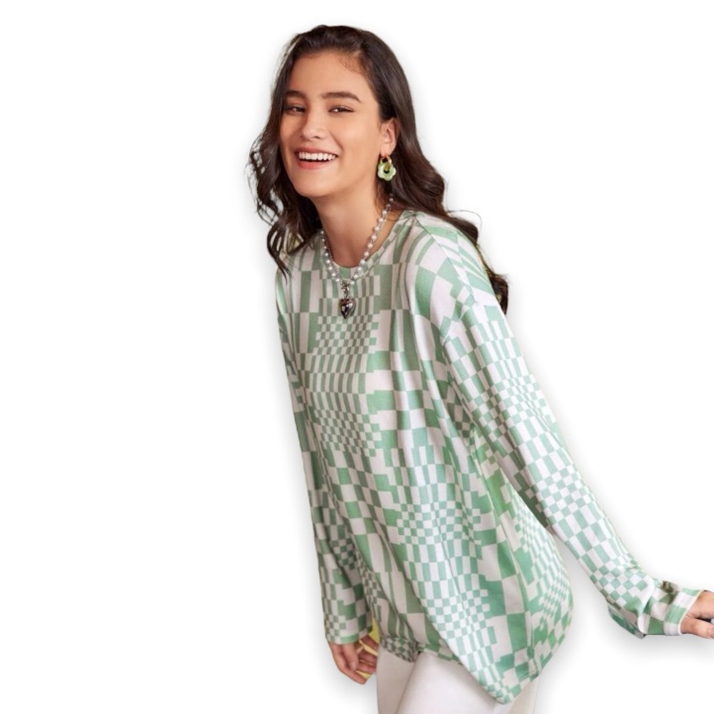 New Green White Super Soft Drop Shoulder Long Sleeve Checkered Plaid Print Tee - Picture 7 of 13